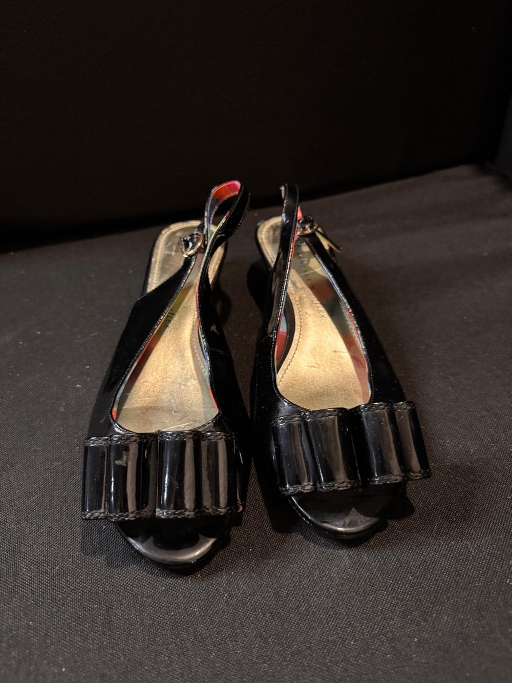 Anne Klein Black Patent Slingback Peep-Toe Mules with Bow Accent